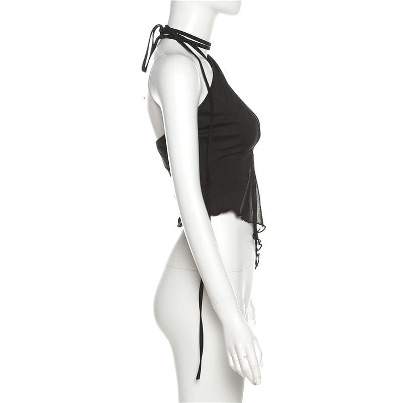 VALE | Backless Mesh Halter Top with Ruffles & Asymmetric Cut