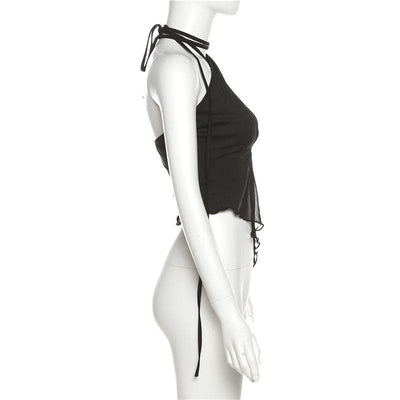 VALE | Backless Mesh Halter Top with Ruffles & Asymmetric Cut