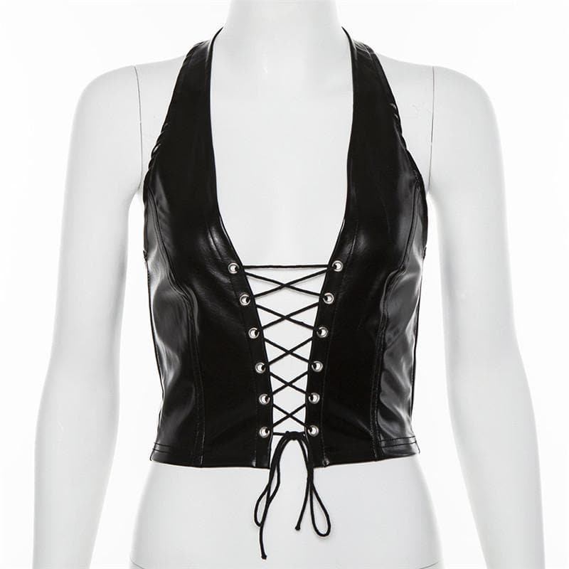 VALE | Backless PU Leather Halter Top with Front Lacing – Bold & Seductive