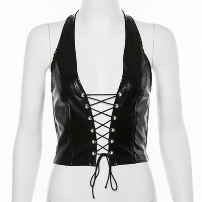 VALE | Backless PU Leather Halter Top with Front Lacing – Bold & Seductive