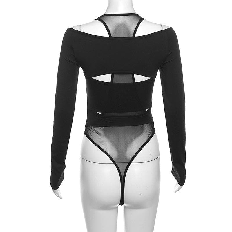 VALE Off-Shoulder Mesh Bodysuit with Cut-Outs & Long Sleeves