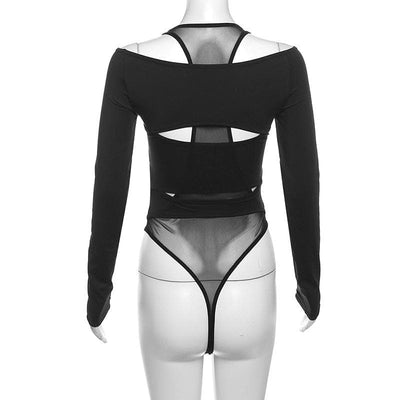 VALE Off-Shoulder Mesh Bodysuit with Cut-Outs & Long Sleeves