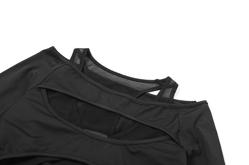 VALE Off-Shoulder Mesh Bodysuit with Cut-Outs & Long Sleeves