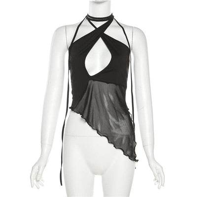 VALE | Backless Mesh Halter Top with Ruffles & Asymmetric Cut