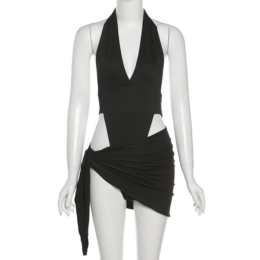 VALE | Halterneck Dress with V-Neckline, Knot Detail & Ruching – Figure-Hugging & Elegant