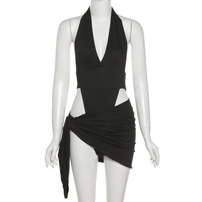 VALE | Halterneck Dress with V-Neckline, Knot Detail & Ruching – Figure-Hugging & Elegant