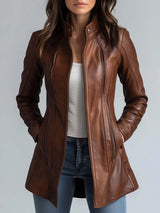 Damen Vintage Kunstlederjacke Mit Stehkragen Hüftlang – Biker – Braun
