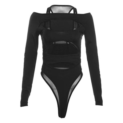 VALE Off-Shoulder Mesh Bodysuit with Cut-Outs & Long Sleeves
