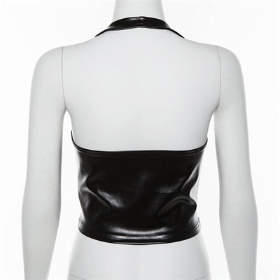 VALE | Backless PU Leather Halter Top with Front Lacing – Bold & Seductive