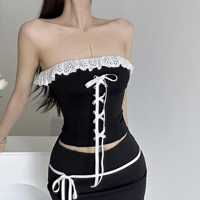 VALE | Ruffle Lace-Up Contrast Backless Tube Top