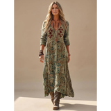 Kalea | Damen Boho Maxikleid mit Langarm, V Ausschnitt und Vintage Muster – Mehrfarbig