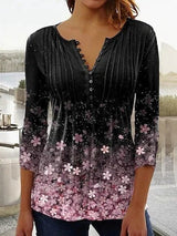 Karoline | Damen Bluse Blumendruck 3/4-Arm V-Ausschnitt – Schwarz