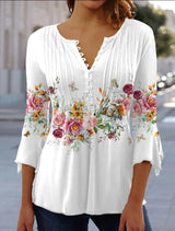 Karoline | Damen Bluse Blumendruck 3/4-Arm V-Ausschnitt – Blumen