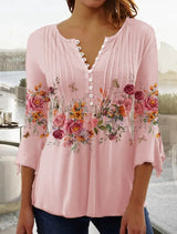Karoline | Damen Bluse Blumendruck 3/4-Arm V-Ausschnitt – Rosa