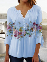 Karoline | Damen Bluse Blumendruck 3/4-Arm V-Ausschnitt – Hellblau