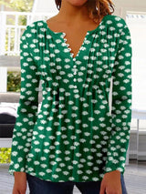 Karoline | Damen Bluse Blumendruck 3/4-Arm V-Ausschnitt – Dunkelgrün