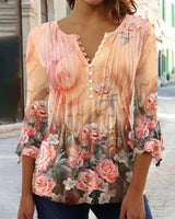 Karoline | Damen Bluse Blumendruck 3/4-Arm V-Ausschnitt – Orange