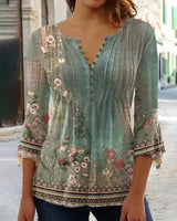 Karoline | Damen Bluse Blumendruck 3/4-Arm V-Ausschnitt – Grün
