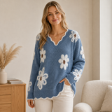 Katharina | Damen Pullover mit großen Blumen – Blau