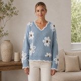 Katharina | Damen Pullover mit großen Blumen – Hellblau