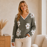 Katharina | Damen Pullover mit großen Blumen – Olivgrün