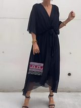 Katrien | Damen Wickelkleid Midi Flatterärmel – Schwarz