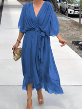 Katrien | Damen Wickelkleid Midi Flatterärmel – Blau