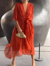 Katrien | Damen Wickelkleid Midi Flatterärmel – Orange