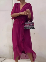 Katrien | Damen Wickelkleid Midi Flatterärmel – Violett