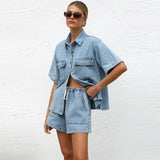 Kerensa | Damen Jeans Zweiteiler Set Hemd Shorts – Hellblau