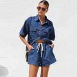 Kerensa | Damen Jeans Zweiteiler Set Hemd Shorts – Blau