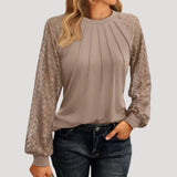 Kersti | Damen Spitzenbluse Langarm Rundhals – Braun