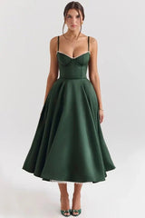 Satin-Korsett-Midi-Kleid für Damen | Hochzeitsgast – Tannengrün