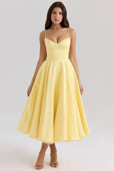 Satin-Korsett-Midi-Kleid für Damen | Hochzeitsgast – Gelb