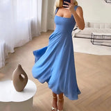 Kristina | Damen Ärmelloses Midi Kleid Quadratischer Ausschnitt – Blau