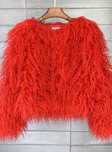 Mia | Kunstpelzmantel Damen Flauschige Kurzjacke Wintermantel – Rot