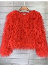 Marlene | Kunstpelzmantel Damen flauschiger Langflor Wintermantel – Rot