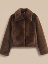 Johanna | Kunstpelzmantel Damen Kurz Klassischer Kragen Flauschige Jacke – Dunkelbraun