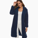 Mia | Kunstpelzmantel Damen Langer Flauschiger Teddy-Mantel Offen – Marineblau