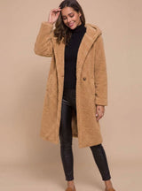 Mia | Kunstpelzmantel Damen Langer Flauschiger Teddy-Mantel Offen – Goldenes Kamel