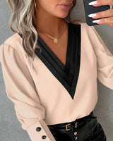 Langarmbluse mit Kontrast-V-Ausschnitt – Beige