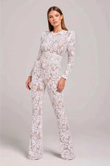 Langärmliger Spitzen Jumpsuit – Weiß