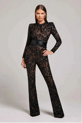 Langärmliger Spitzen Jumpsuit – Schwarz