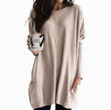 Leonie | Langer Damenpullover Oversized Rundhals mit Taschen – Beige