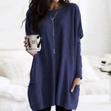 Leonie | Langer Damenpullover Oversized Rundhals mit Taschen – Blau