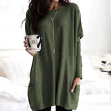 Leonie | Langer Damenpullover Oversized Rundhals mit Taschen – Dunkelgrün