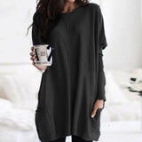 Leonie | Langer Damenpullover Oversized Rundhals mit Taschen – Schwarz