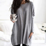 Leonie | Langer Damenpullover Oversized Rundhals mit Taschen – Grau