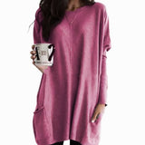 Leonie | Langer Damenpullover Oversized Rundhals mit Taschen – Rosa