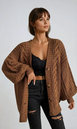Lässiger Zopfmuster-Cardigan – Braun